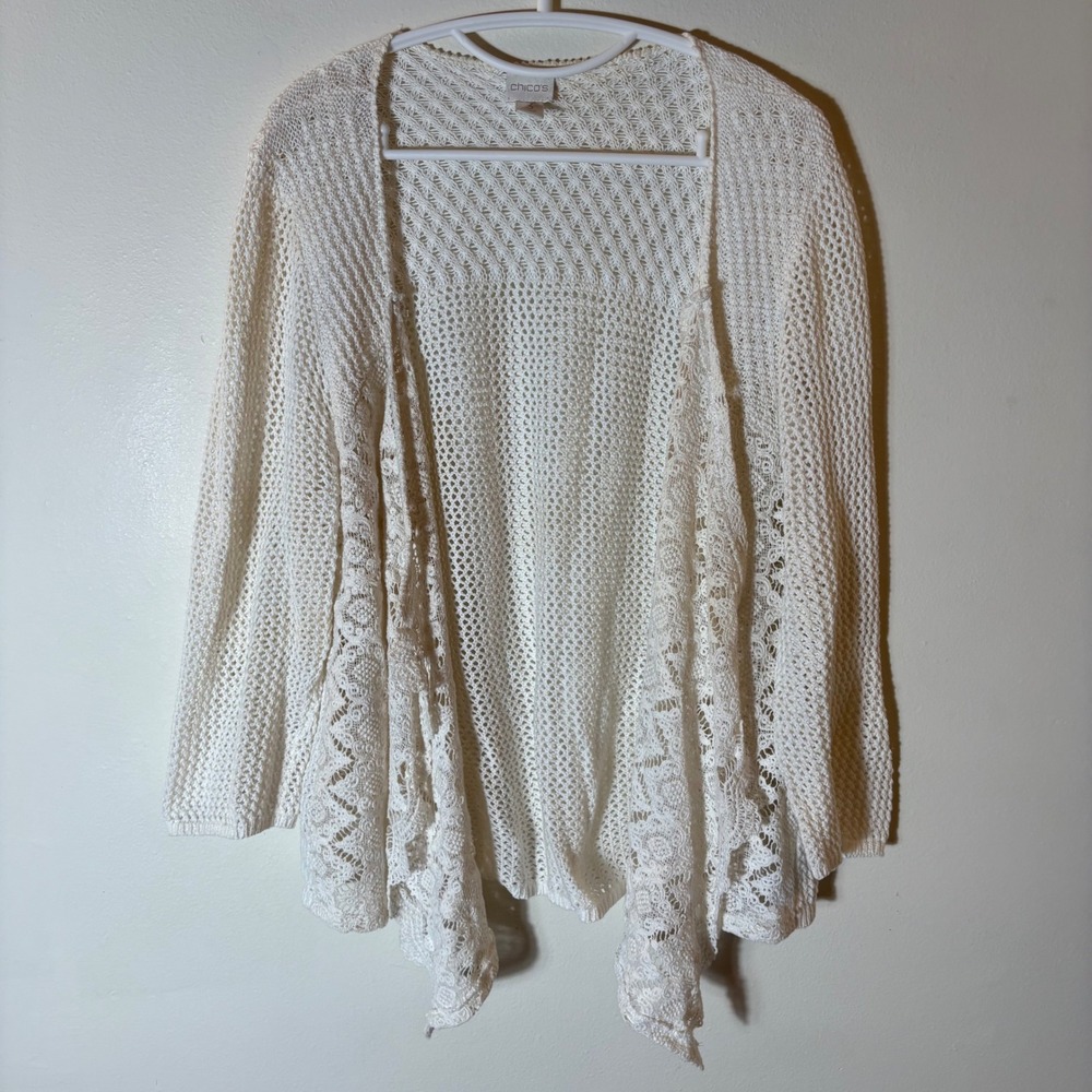 Chico's 3 (XL) Open Knit‎ Lace Trim Cardigan Cream Cotton Boho Draped Sweater